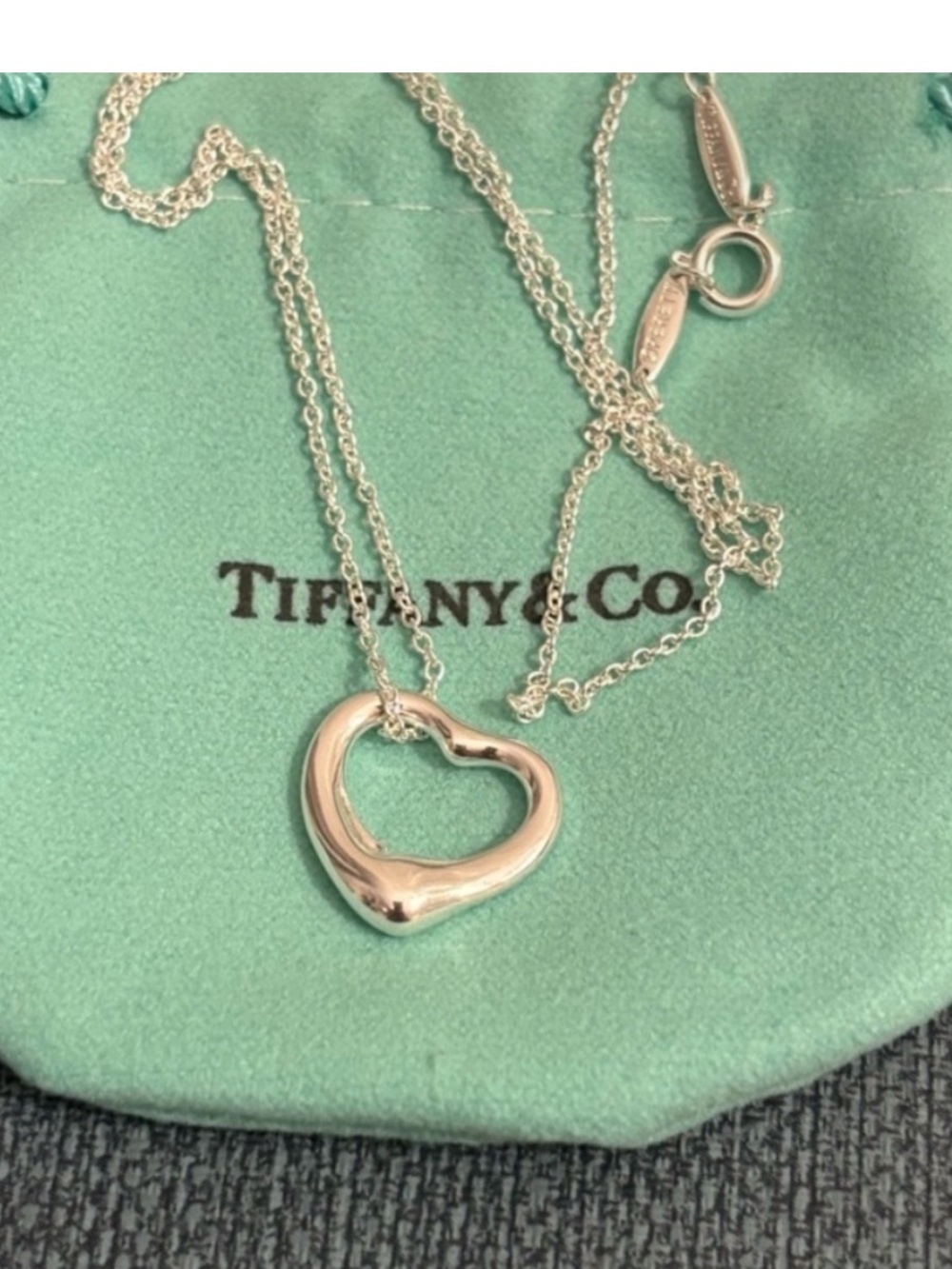 Tiffany & Co. Open Heart Pendant Necklace in Silver on Tiffany Blue Pouch